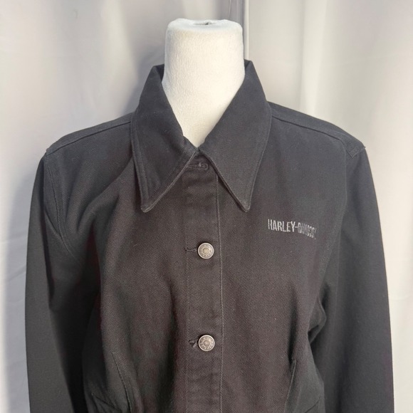 Vintage Harley Davidson Jean Jacket Black Denim Moto Embroidered Flames Size L - Picture 3 of 10